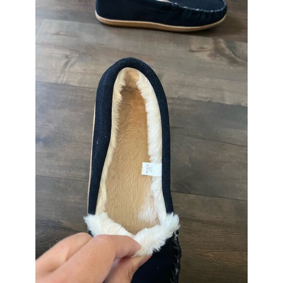 NWOT J. Crew Suede Scuff Slipper Indigo sz. 11 Faux Fur Lining Anti Slip Soles - Picture 5 of 7